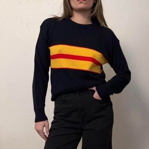 Vintage 70s Navy, Yellow and Red Striped Sweater